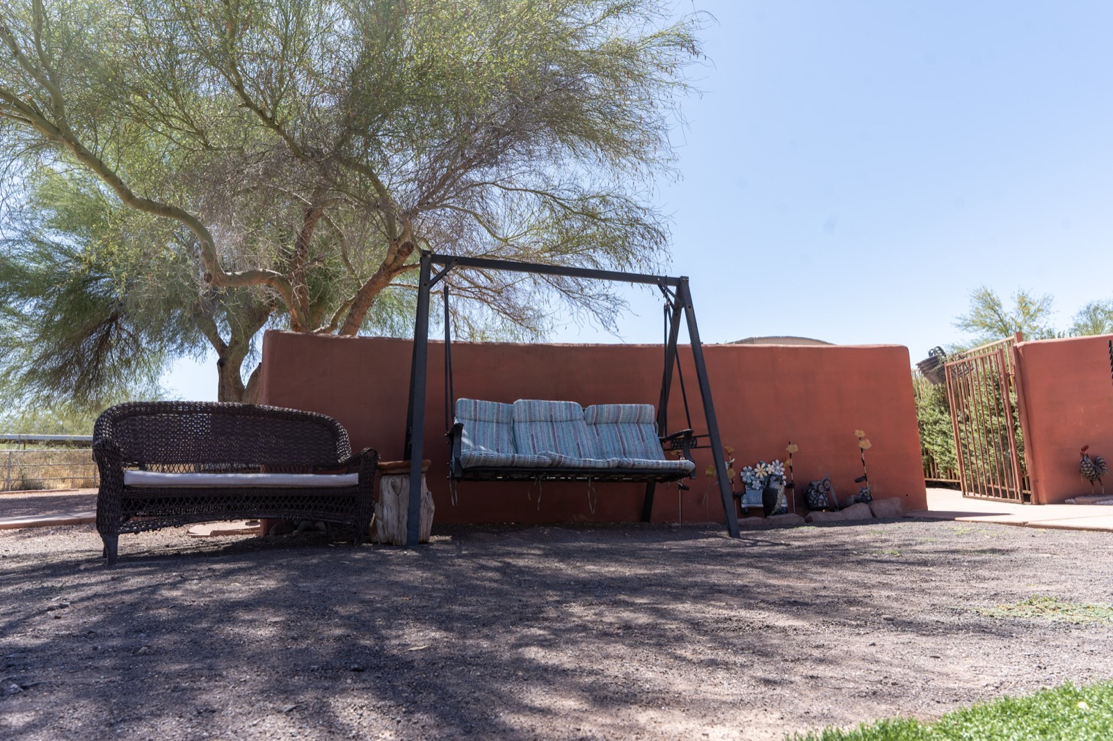 Sunlit patio and desert garden at Grace Hill Ranch